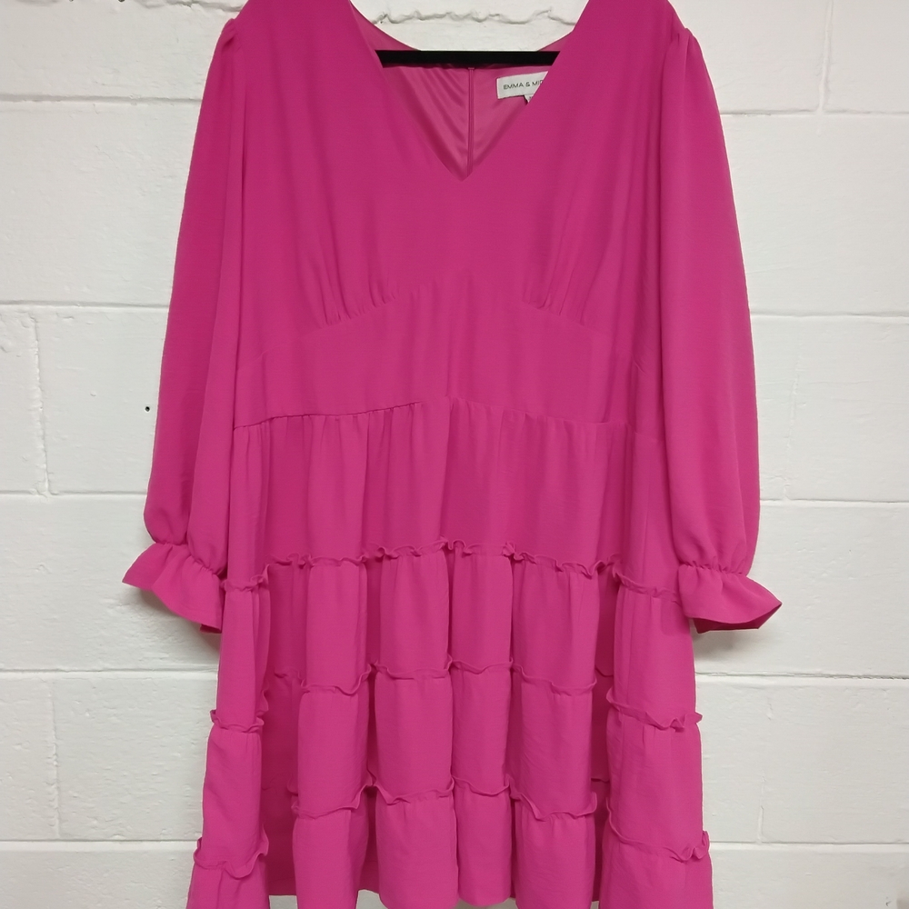 Flowy V-Neck Tiered Dress - Hot Pink